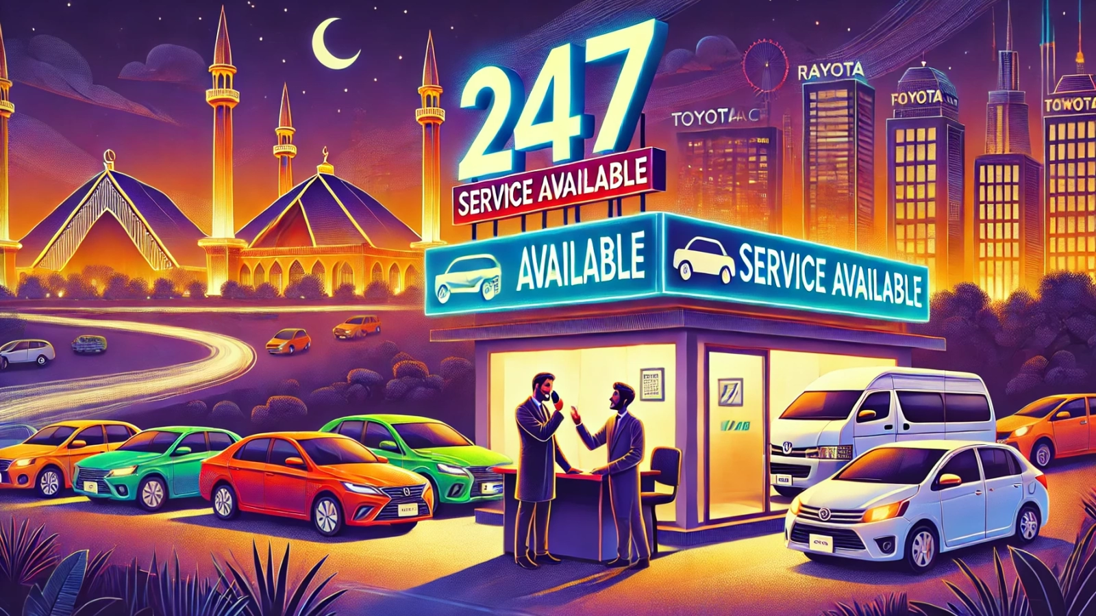 DALL·E 2024-12-03 19.22.42 - A vibrant illustration depicting a 24_7 car rental service in Rawalpindi, showcasing a modern car rental office illuminated at night with signage indi