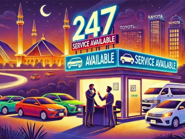 DALL·E 2024-12-03 19.22.42 - A vibrant illustration depicting a 24_7 car rental service in Rawalpindi, showcasing a modern car rental office illuminated at night with signage indi