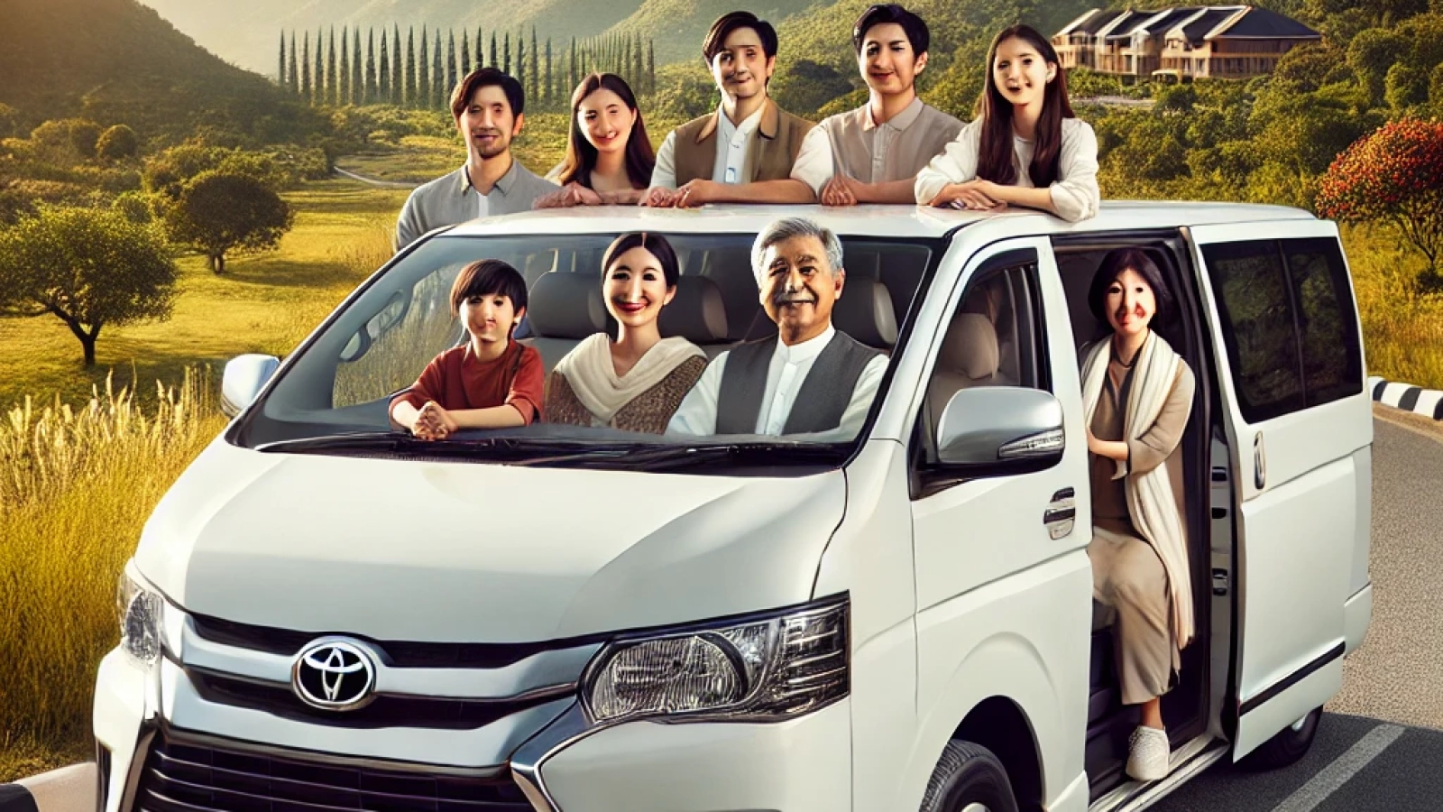 DALL·E 2024-12-09 12.02.06 - A high-quality image of a white Toyota Hiace van with Asian passengers, including families and tourists, seated inside, ready for travel. The van is p