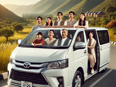 DALL·E 2024-12-09 12.02.06 - A high-quality image of a white Toyota Hiace van with Asian passengers, including families and tourists, seated inside, ready for travel. The van is p