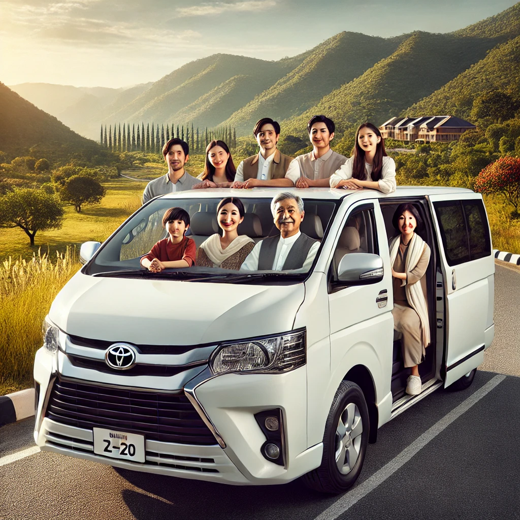 DALL·E 2024-12-09 12.02.06 - A high-quality image of a white Toyota Hiace van with Asian passengers, including families and tourists, seated inside, ready for travel. The van is p