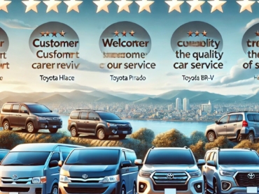 DALL·E 2024-12-12 12.41.05 - A professional and welcoming image of a fleet of cars and SUVs parked at a scenic location with customer reviews displayed in text beside each vehicle