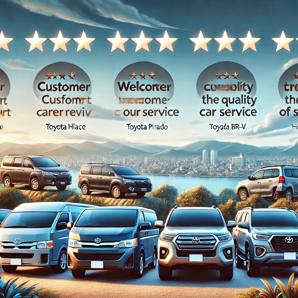 DALL·E 2024-12-12 12.41.05 - A professional and welcoming image of a fleet of cars and SUVs parked at a scenic location with customer reviews displayed in text beside each vehicle