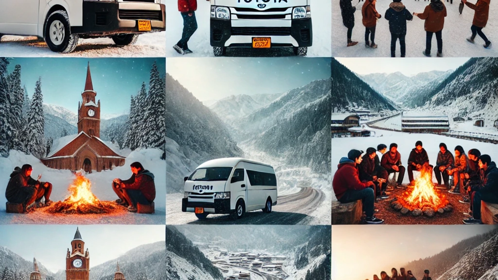 DALL·E 2024-12-13 12.00.35 - A collage of images showcasing Toyota Hiace vans, Coaster buses, and students enjoying winter trips across scenic locations in Pakistan. Include snowy