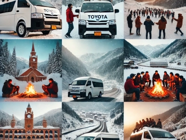 DALL·E 2024-12-13 12.00.35 - A collage of images showcasing Toyota Hiace vans, Coaster buses, and students enjoying winter trips across scenic locations in Pakistan. Include snowy