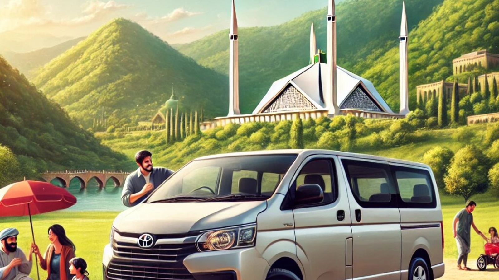 DALL·E 2025-01-02 18.52.45 - A Toyota Hiace van parked in a scenic location with a family enjoying a picnic nearby. The van is clean and modern, with a spacious interior visible t