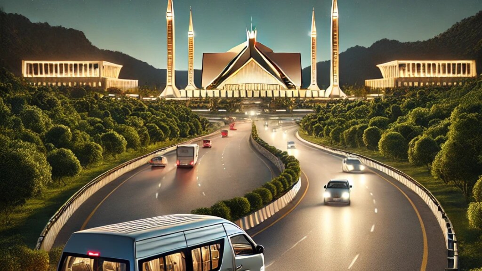 DALL·E 2025-01-21 07.00.53 - A serene night drive scene in Islamabad, Pakistan, showcasing a well-lit highway surrounded by lush greenery, iconic illuminated monuments like Parlia