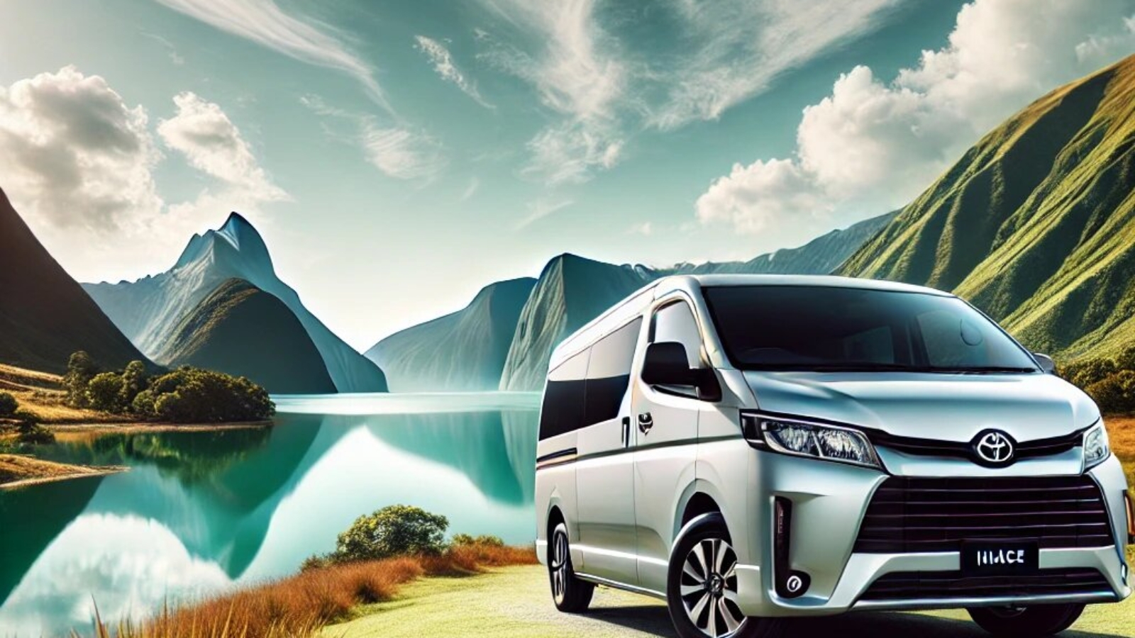 DALL·E 2025-01-21 08.59.08 - A luxurious and spacious Toyota Hiace van in a stunning scenic backdrop. The van is gleaming and parked near a tranquil lake surrounded by lush green